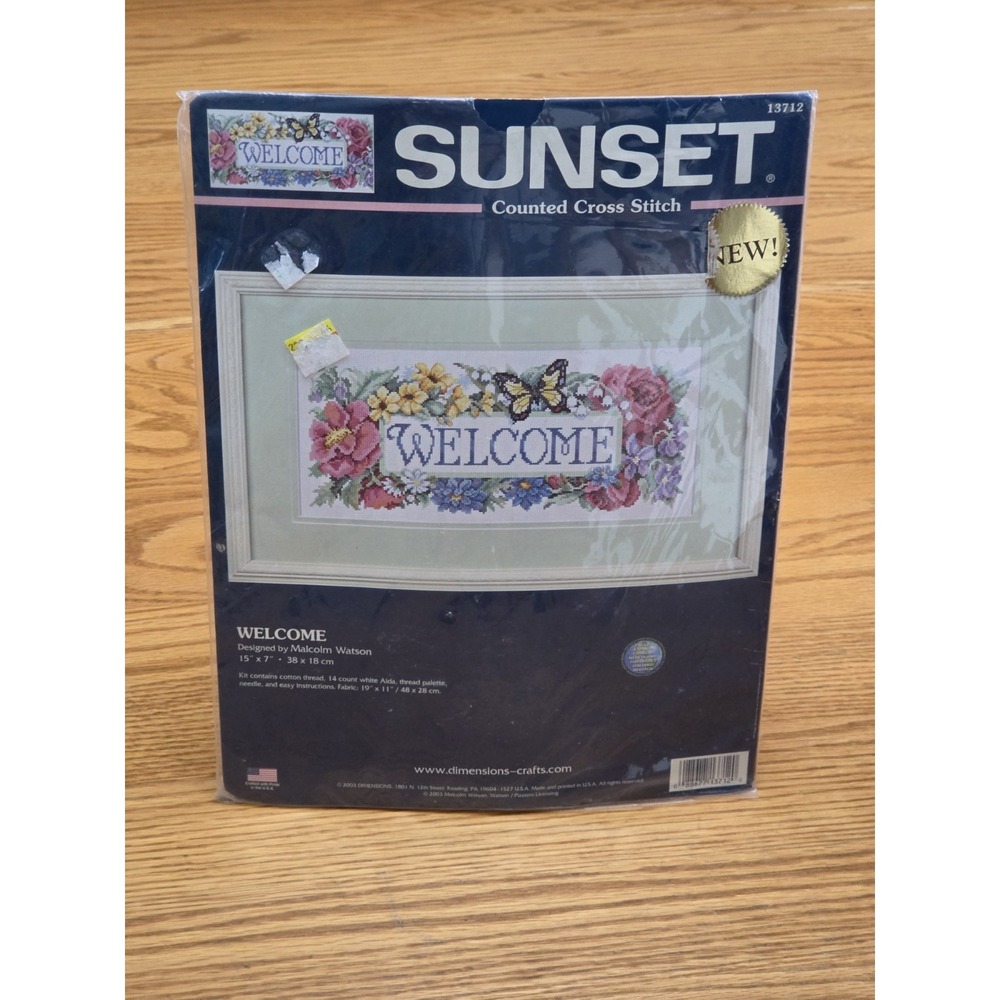 NEW Sunset "Welcome" Counted Cross Stitch Kit 13629 Butterfly Flowers Vintage